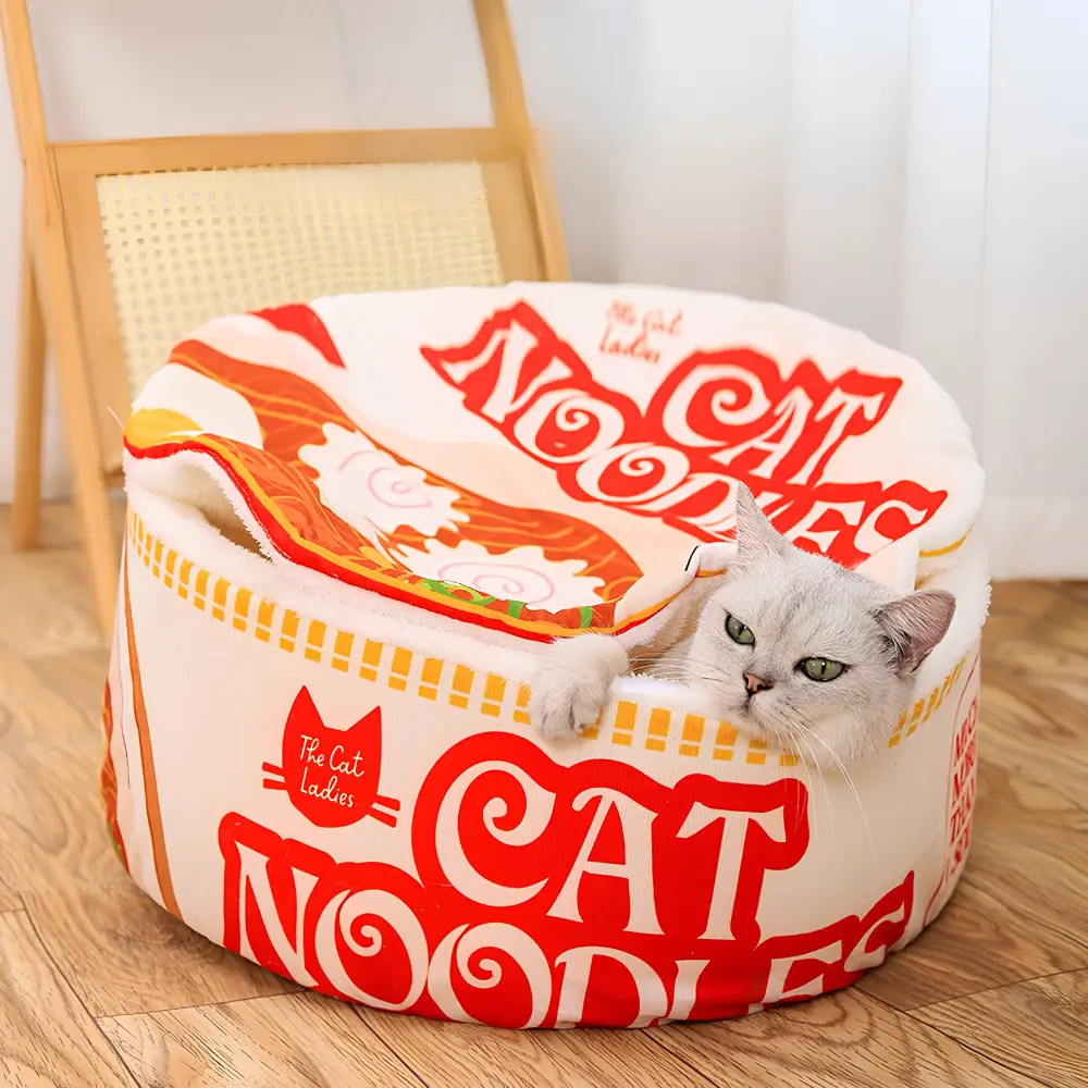 Ramen Noodle Cat Bed – Cozy Plush Pet Sleeping Nest